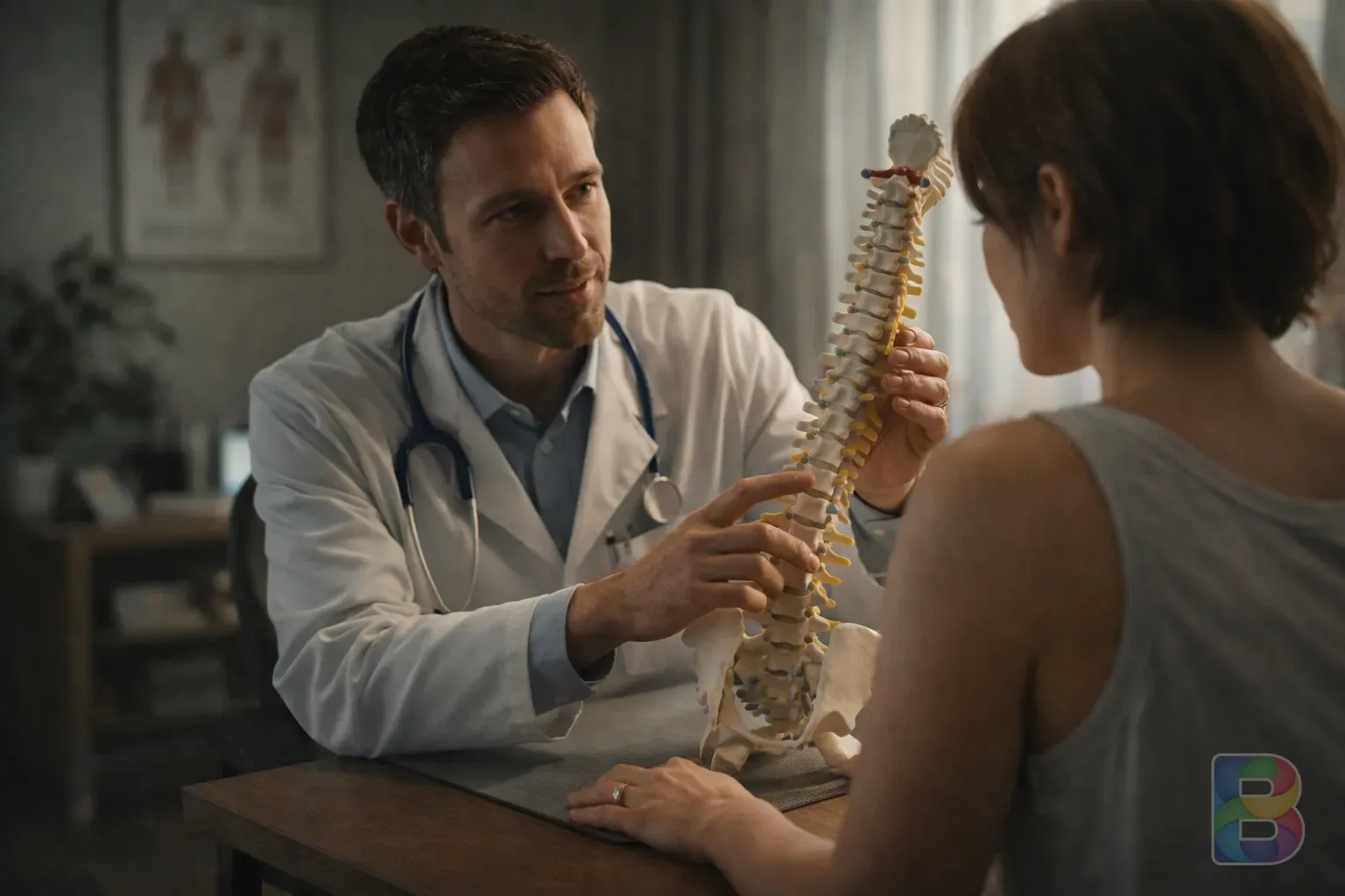 photorealistic, a modern orthopedic consultation room, doctor showing a spine model to a patient, professional and trustful atmosphere, cinematic lighting