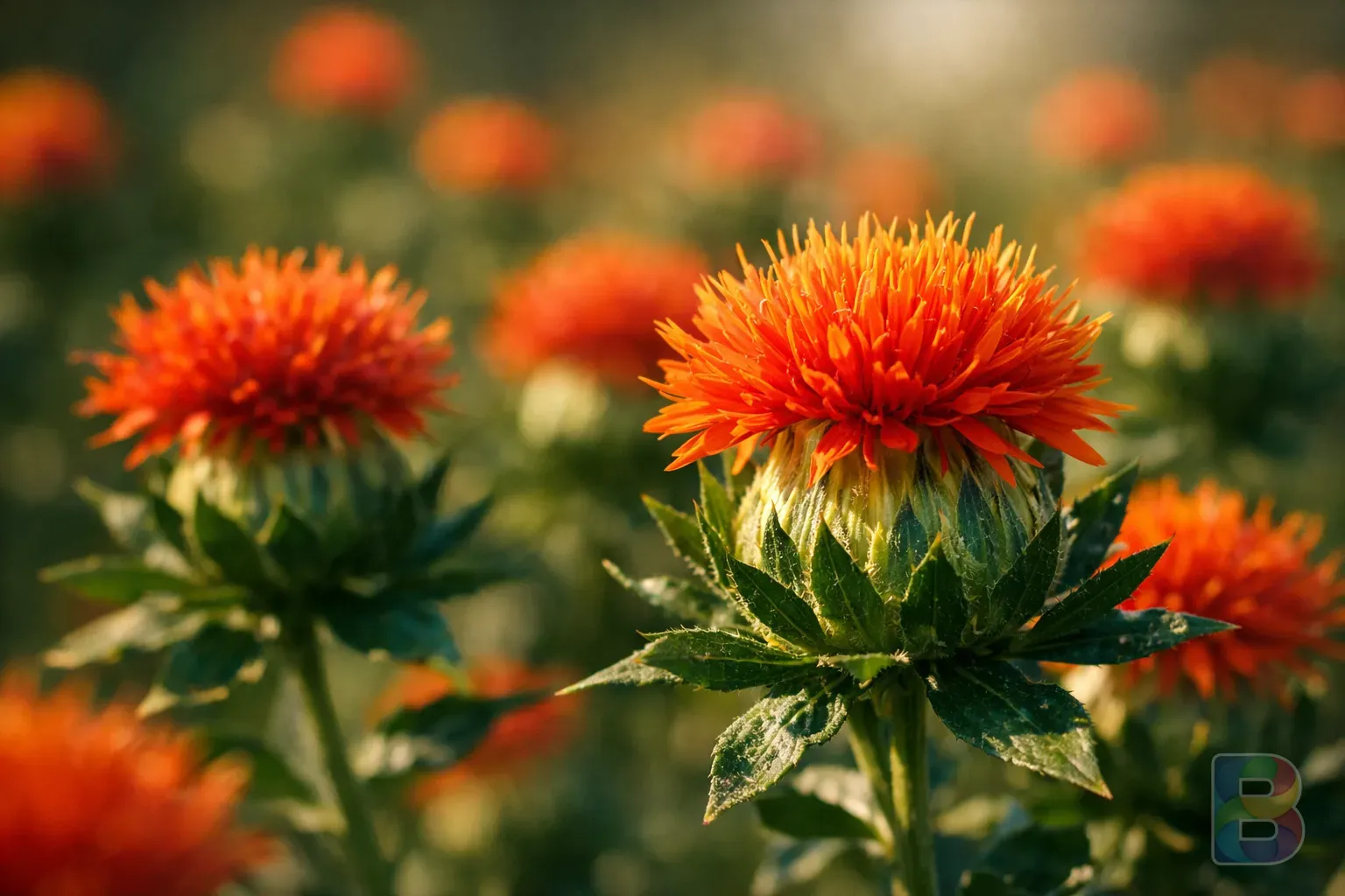 photorealistic, detail shot of vibrant orange-red safflower blossoms in a field, bright natural daylight, crisp focus on the petals, macro photography, cinematic lighting