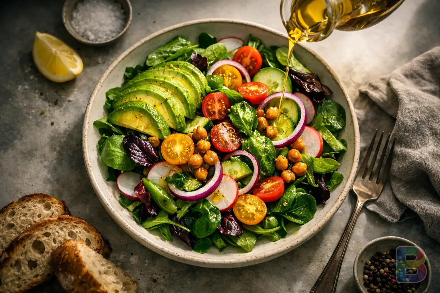 photorealistic, top-down view of a healthy salad drizzled with golden oil, vibrant vegetables, soft focus background, clean lifestyle aesthetic, cinematic lighting
