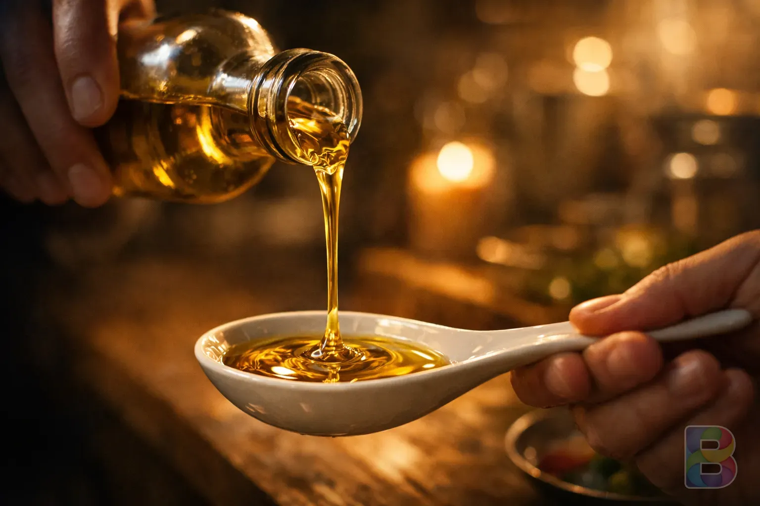 photorealistic, a person pouring golden oil into a ceramic spoon, focus on the oily texture, warm kitchen background, cozy mood, cinematic lighting