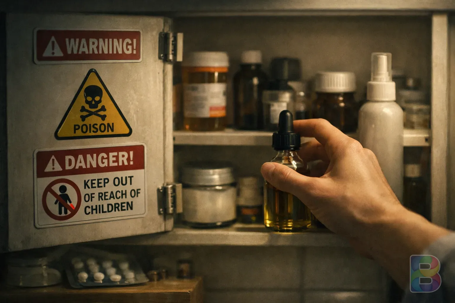 photorealistic, a medicine cabinet with some warning signs, focus on a hand reaching for a bottle of oil, clinical but homey atmosphere, cinematic lighting