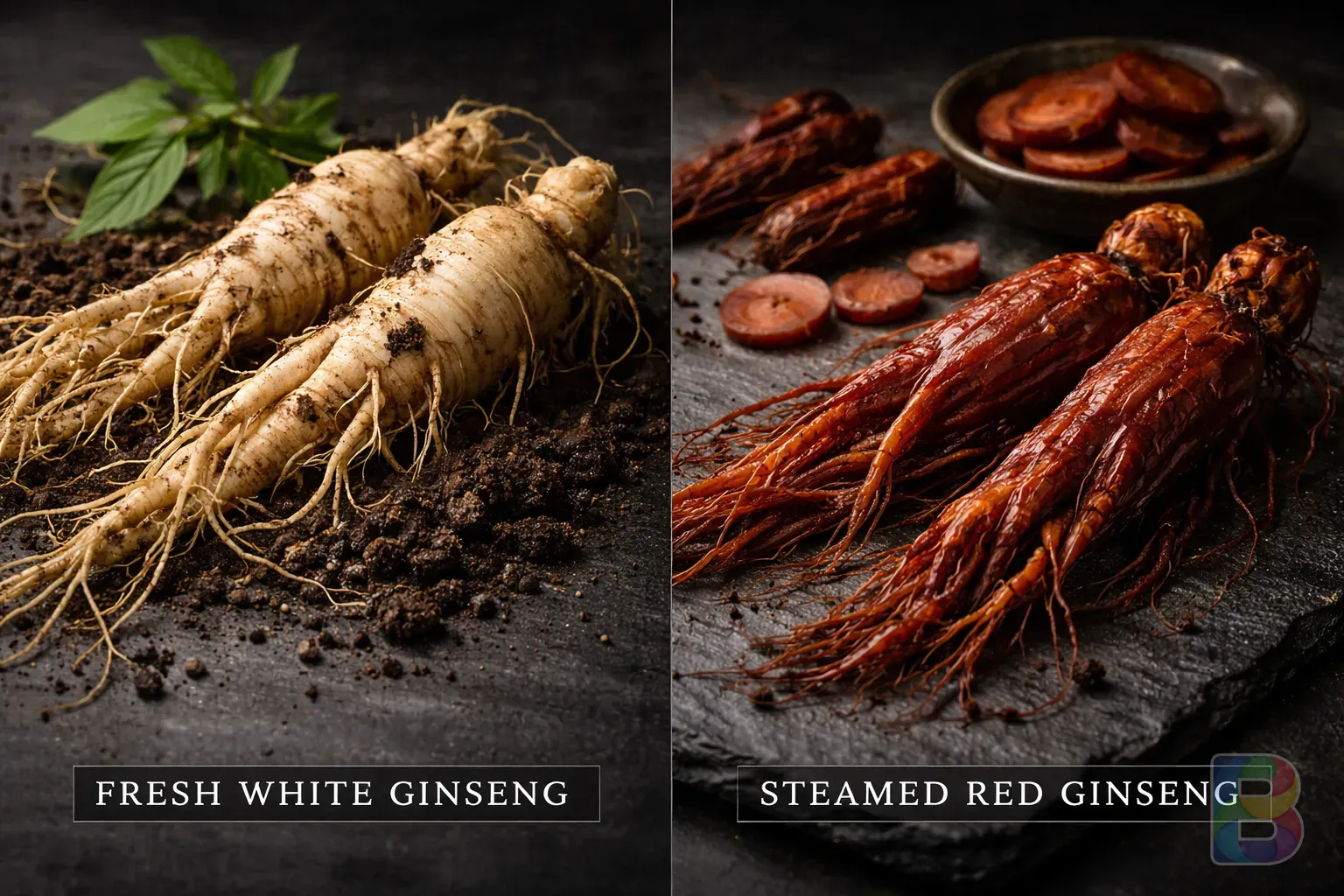 photorealistic, comparison shot of fresh white ginseng and steamed red ginseng, dark slate background, professional food styling, moody lighting, high contrast