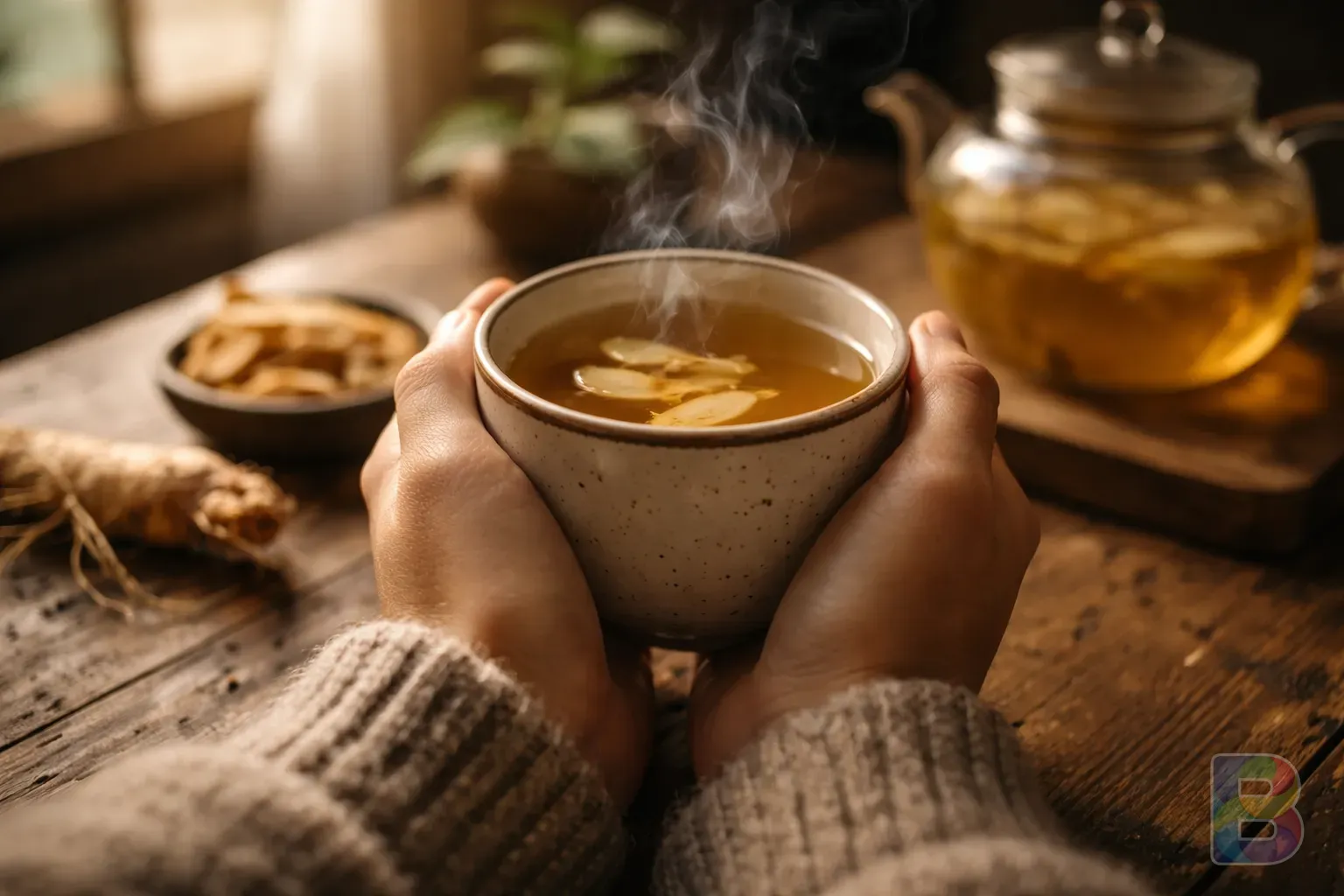 photorealistic, a person holding a warm cup of ginseng tea, steam rising, cozy interior, soft window light, cinematic lighting, peaceful atmosphere