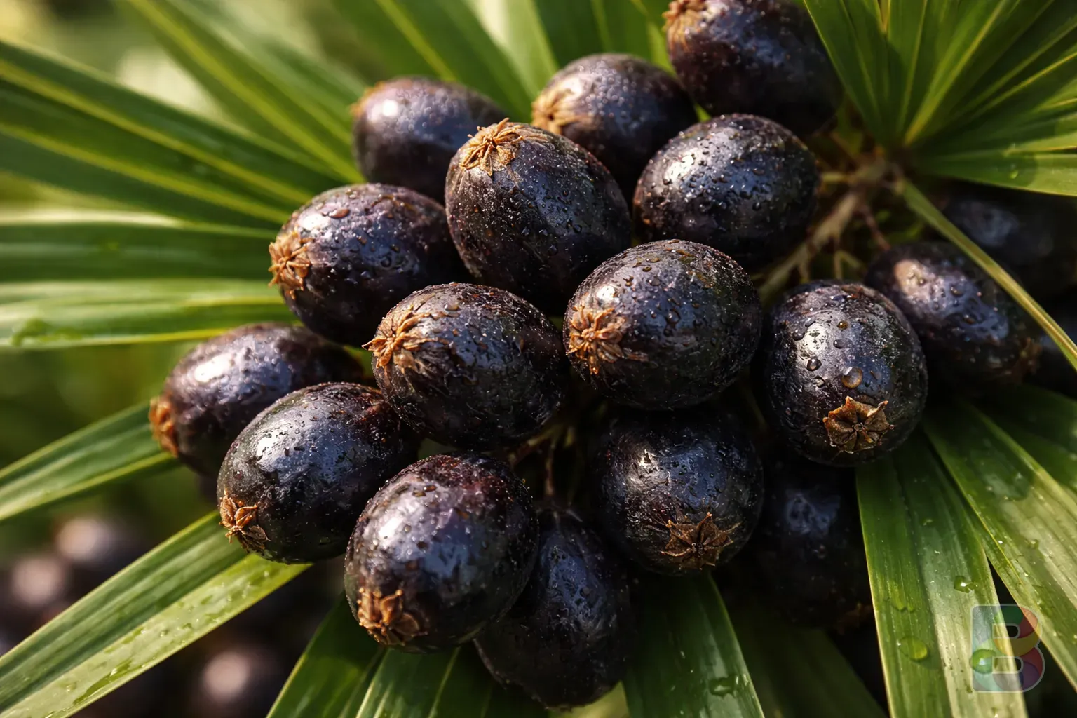 photorealistic, macro shot of saw palmetto berries with deep textures and vibrant green leaves, soft natural sunlight, high detail, botanical photography