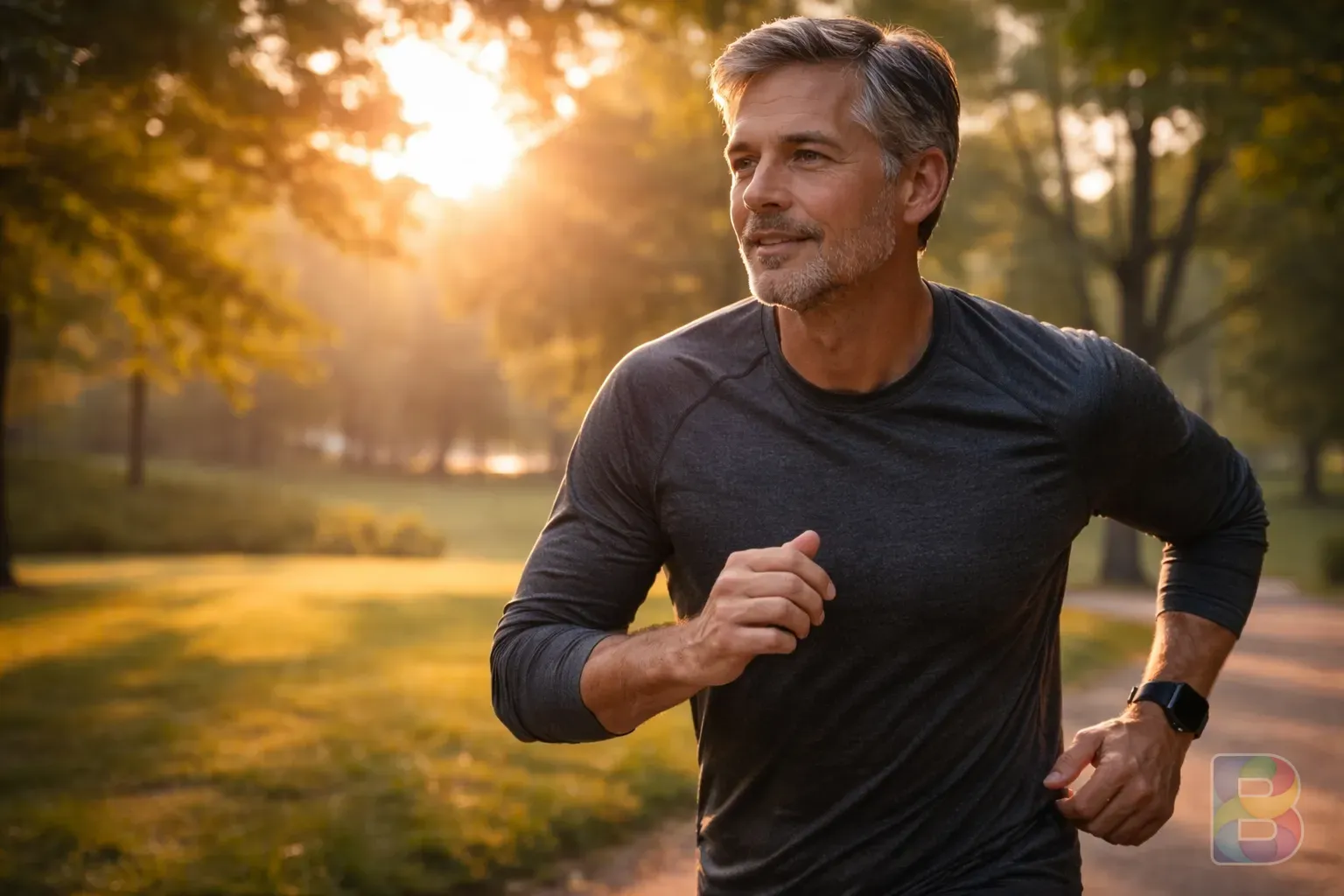 photorealistic, lifestyle shot of a healthy middle-aged man jogging in a park during sunrise, cinematic lighting, energetic and healthy atmosphere
