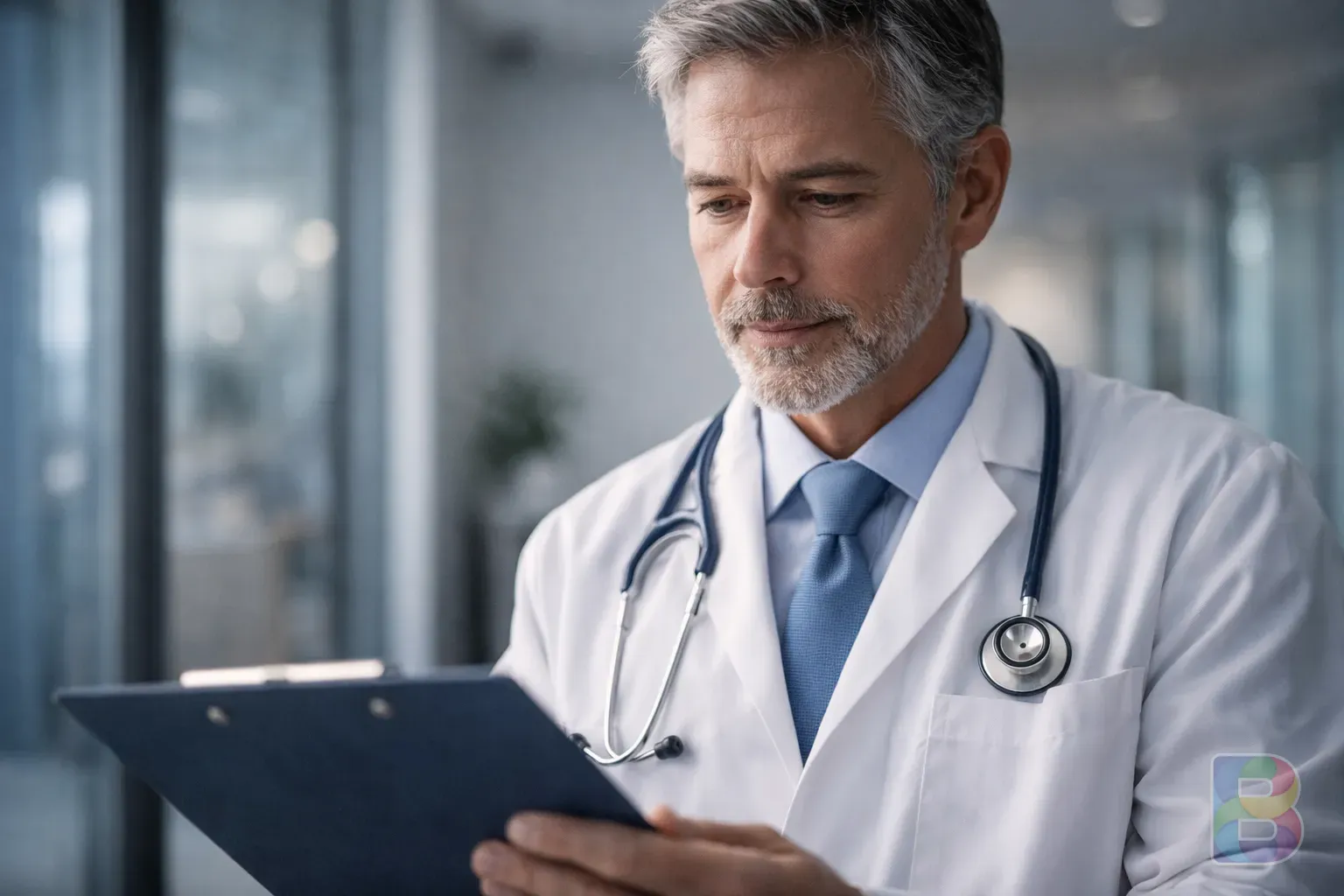 photorealistic, close-up of a doctor looking at a patient's medical chart in a modern hospital setting, professional and reassuring atmosphere