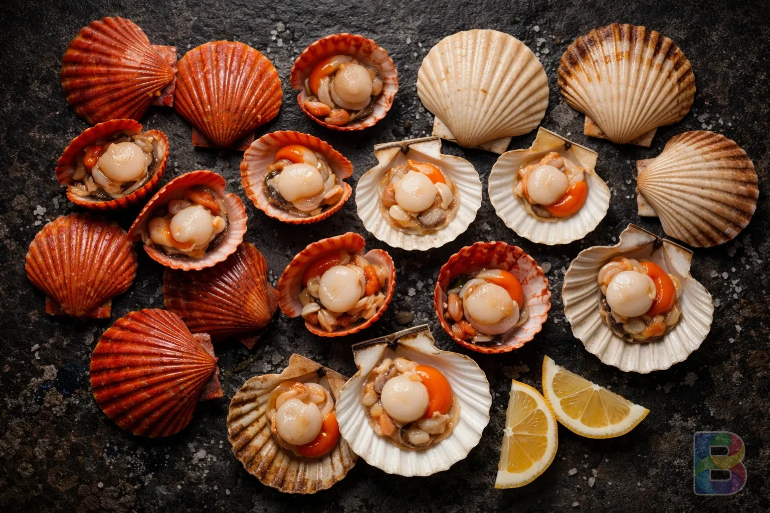 photorealistic, top-down view of various types of scallops including Red Scallops and Great Scallops on a dark stone background with lemon slices, high detail