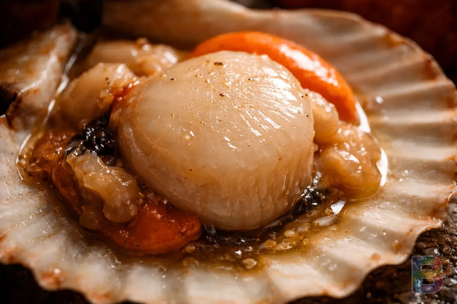 photorealistic, macro shot of a cooked scallop muscle showing fibrous texture, glistening juices, cinematic lighting, high detail