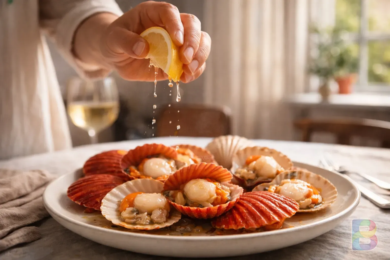 photorealistic, lifestyle shot of a person squeezing fresh lemon over a plate of steamed scallops, bright and airy dining room atmosphere