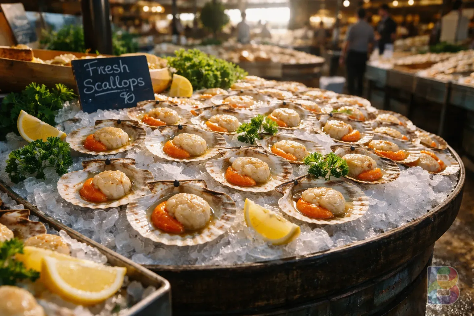 photorealistic, wide shot of a traditional seafood market, fresh scallops arranged on ice, glistening textures, natural morning light, vibrant and fresh atmosphere