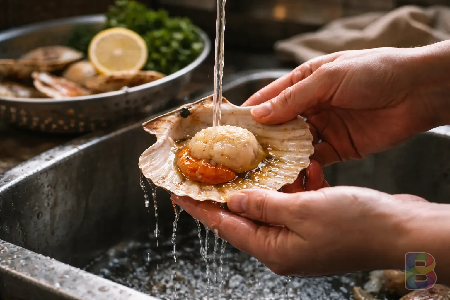 photorealistic, someone cleaning scallops under running water, hands feeling the texture of the shell, focused and domestic scene, soft lighting