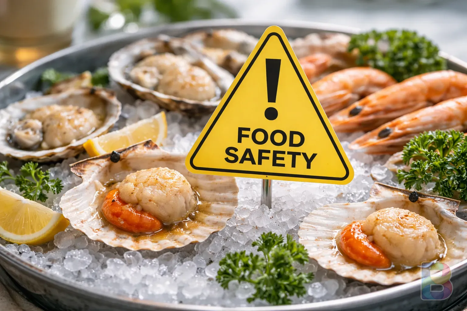 photorealistic, close-up of a caution sign on a seafood platter, symbolic representation of food safety, professional and informative tone, clinical but accessible
