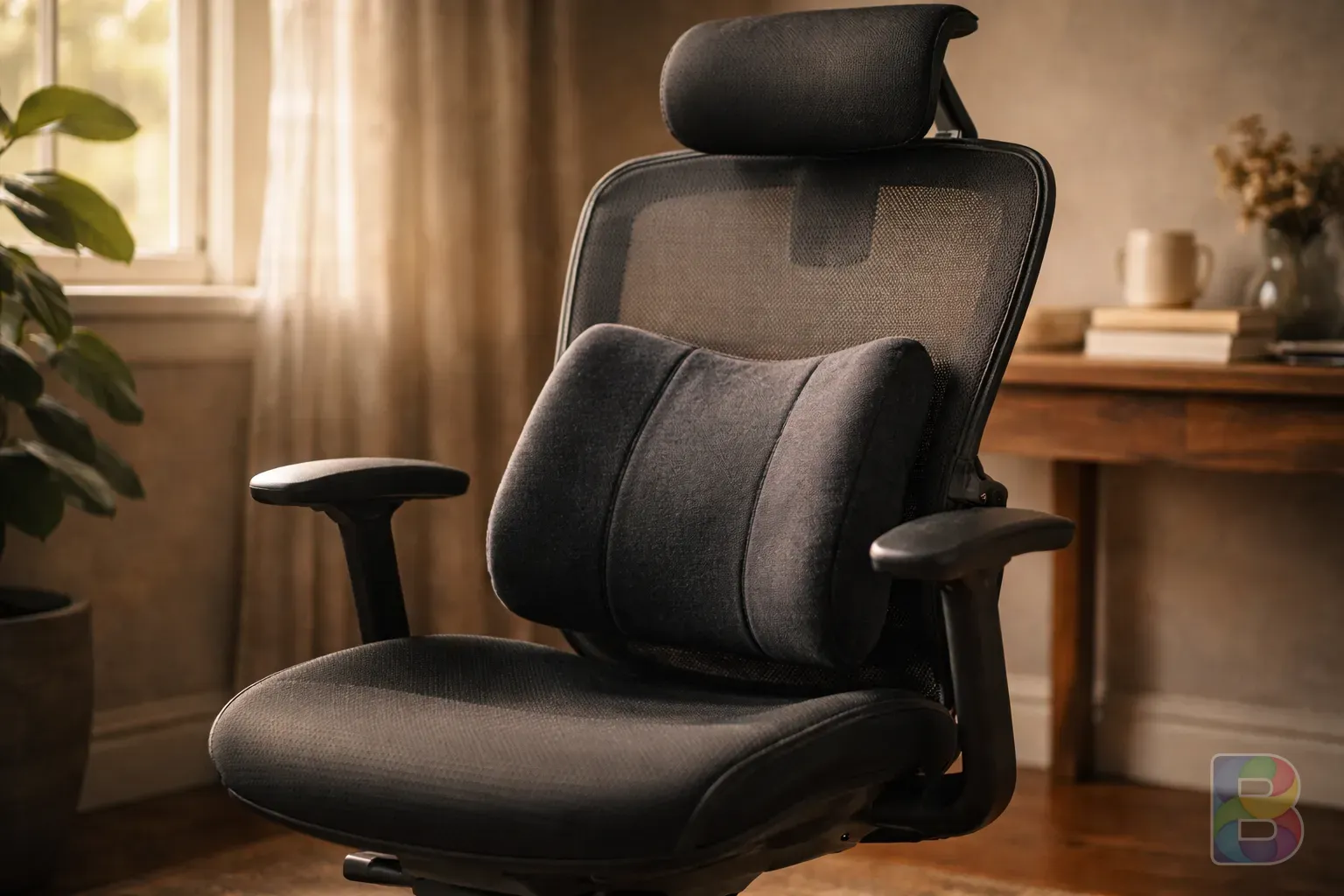 photorealistic, close-up of a ergonomic office chair and a lumbar support pillow, soft natural light, high detail