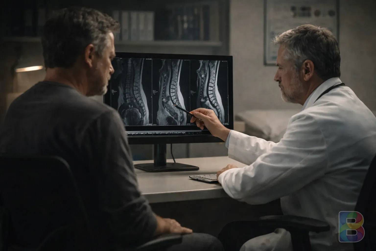 photorealistic, a modern medical consultation room, doctor reviewing an MRI scan on a screen with a patient, professional lighting, serious mood