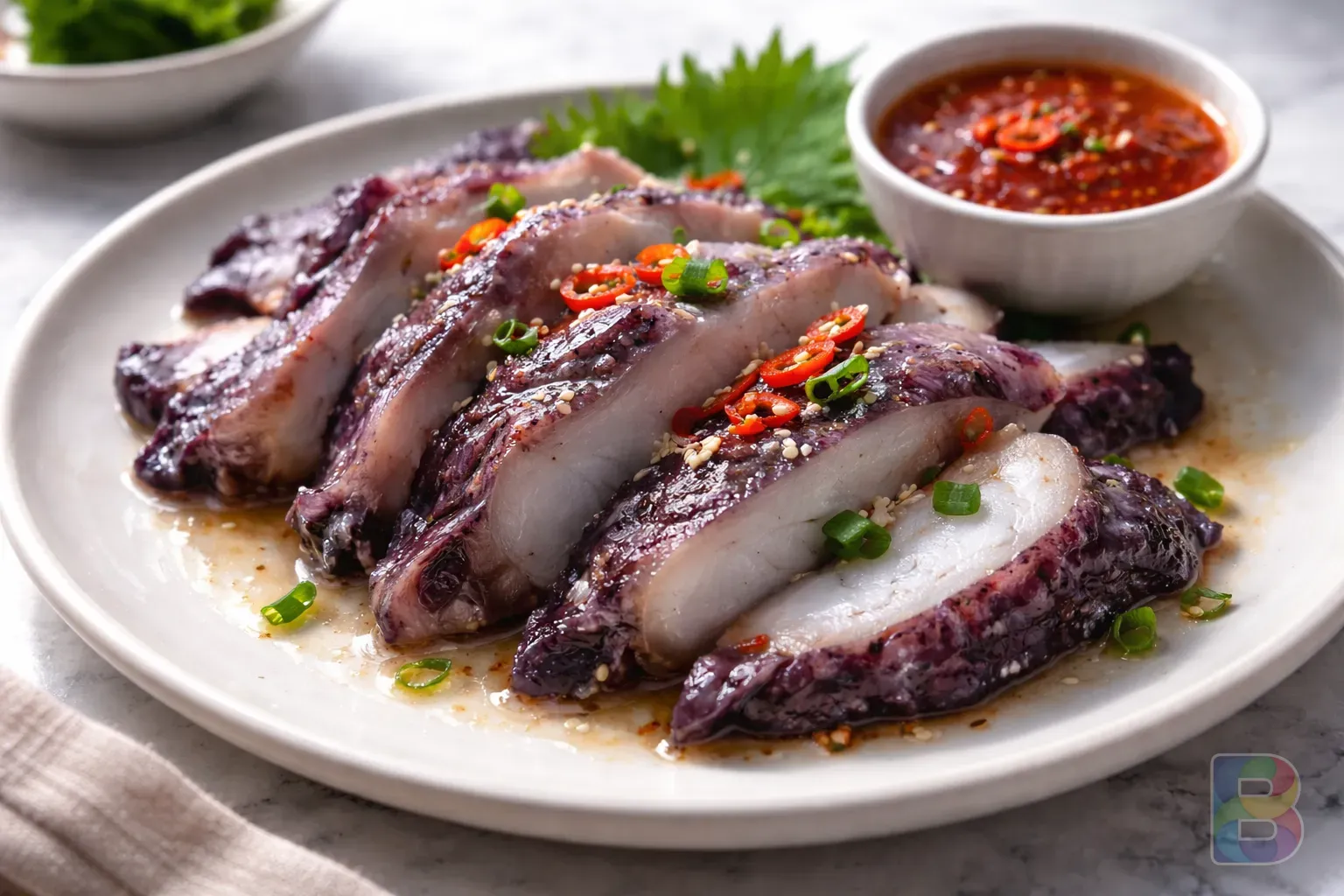 photorealistic, sliced boiled sea hare served on a white ceramic plate with a small dish of red chili sauce, clean food styling, bright natural light
