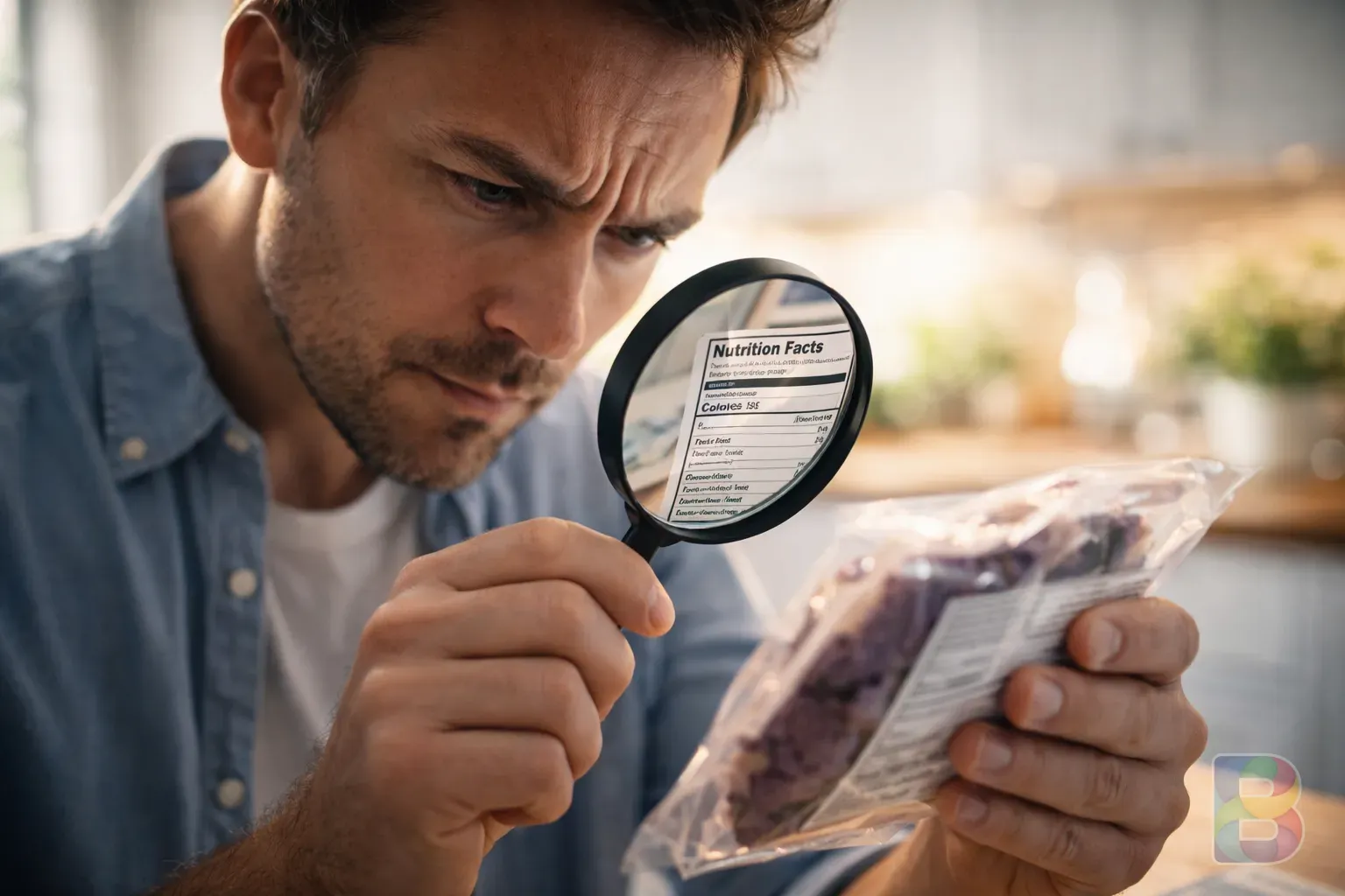photorealistic, a person examining a food label with a magnifying glass in a bright kitchen, focused expression, cinematic lighting, high detail