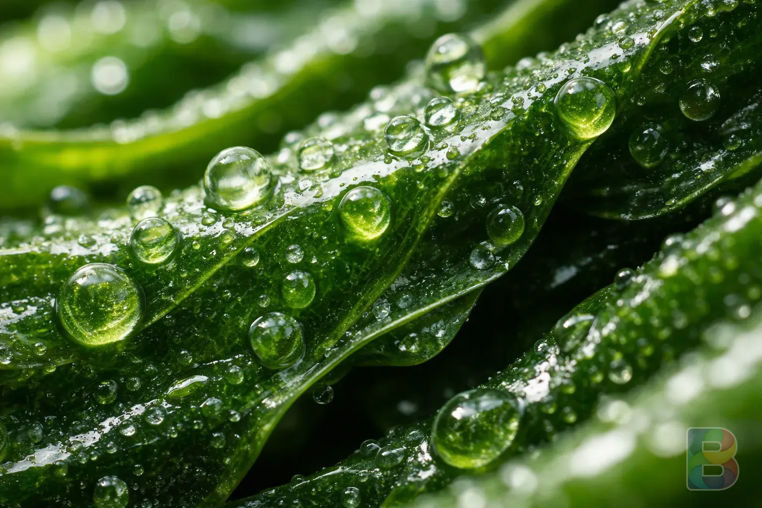 photorealistic, macro shot of alginic acid texture on seaweed, emerald green tones, clinical and clean look, soft bokeh