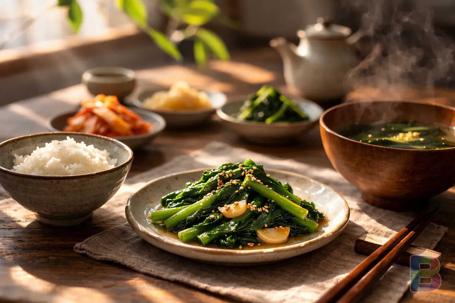 photorealistic, a neatly arranged Korean traditional meal table with a small plate of sea mustard stir-fry, soft natural morning light, peaceful atmosphere