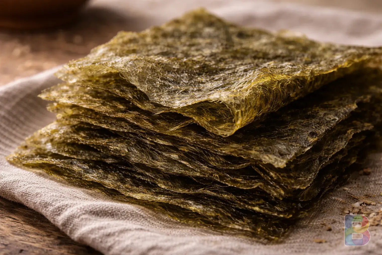 photorealistic, close-up of dried sea trumpet sheets showing its unique fine texture, soft natural light, minimalist aesthetic, earth tones