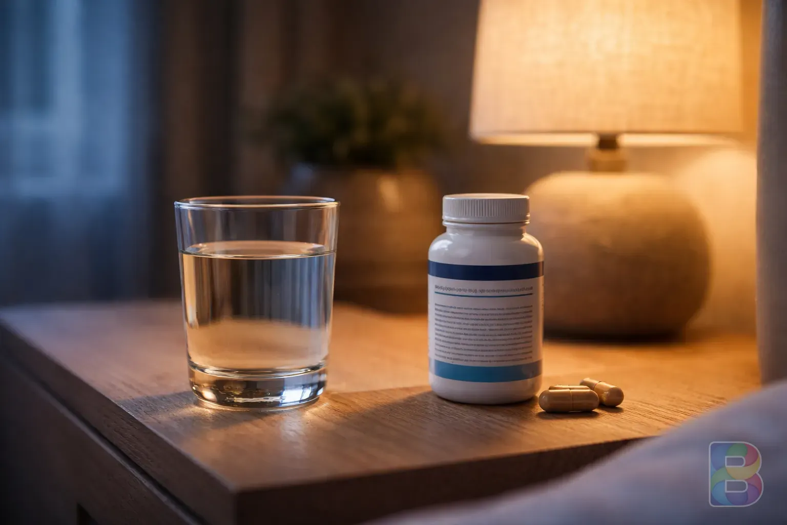 photorealistic, a glass of water and a supplement bottle on a nightstand, warm lamp light, peaceful evening vibe