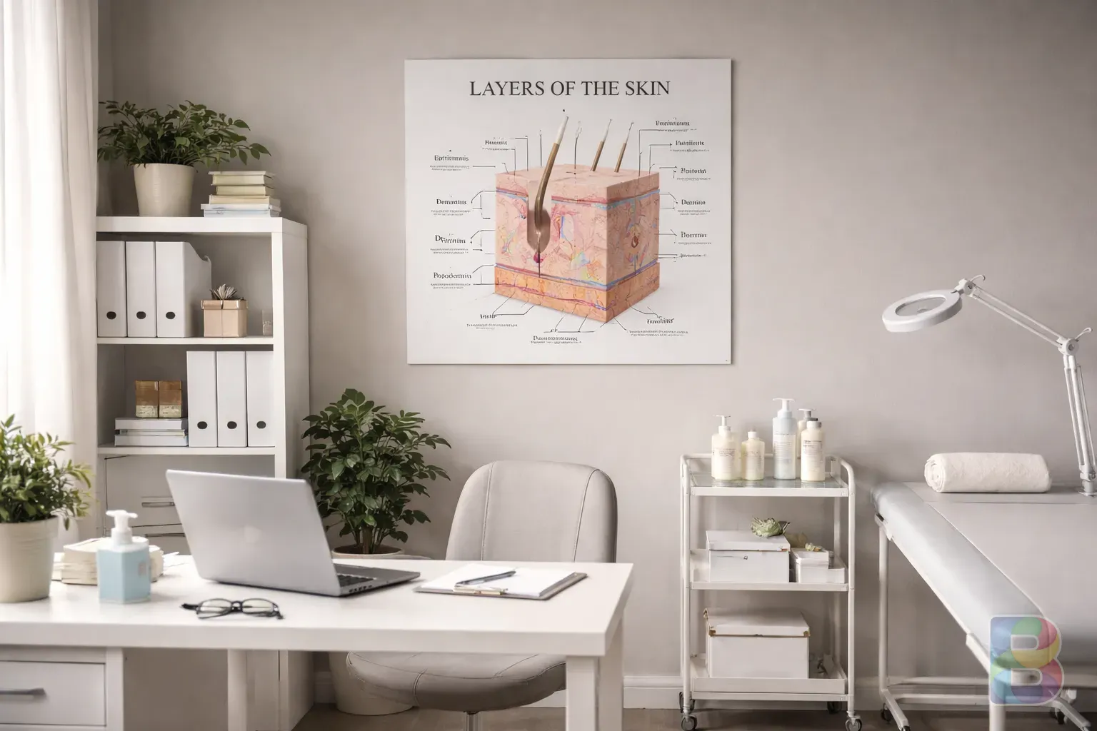 photorealistic, a modern doctor's office with a medical chart about skin layers on the wall, professional and clean environment