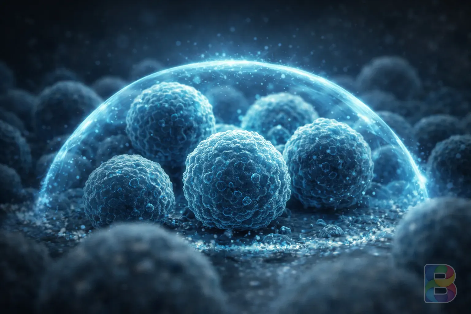 photorealistic, microscopic view of human cells being shielded by a glowing blue translucent barrier, cool tones, cinematic lighting, scientific aesthetic
