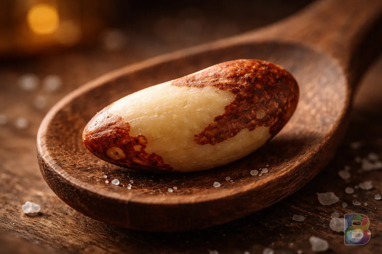 photorealistic, a single Brazil nut on a wooden spoon, extremely detailed texture, warm bokeh background, cinematic lighting