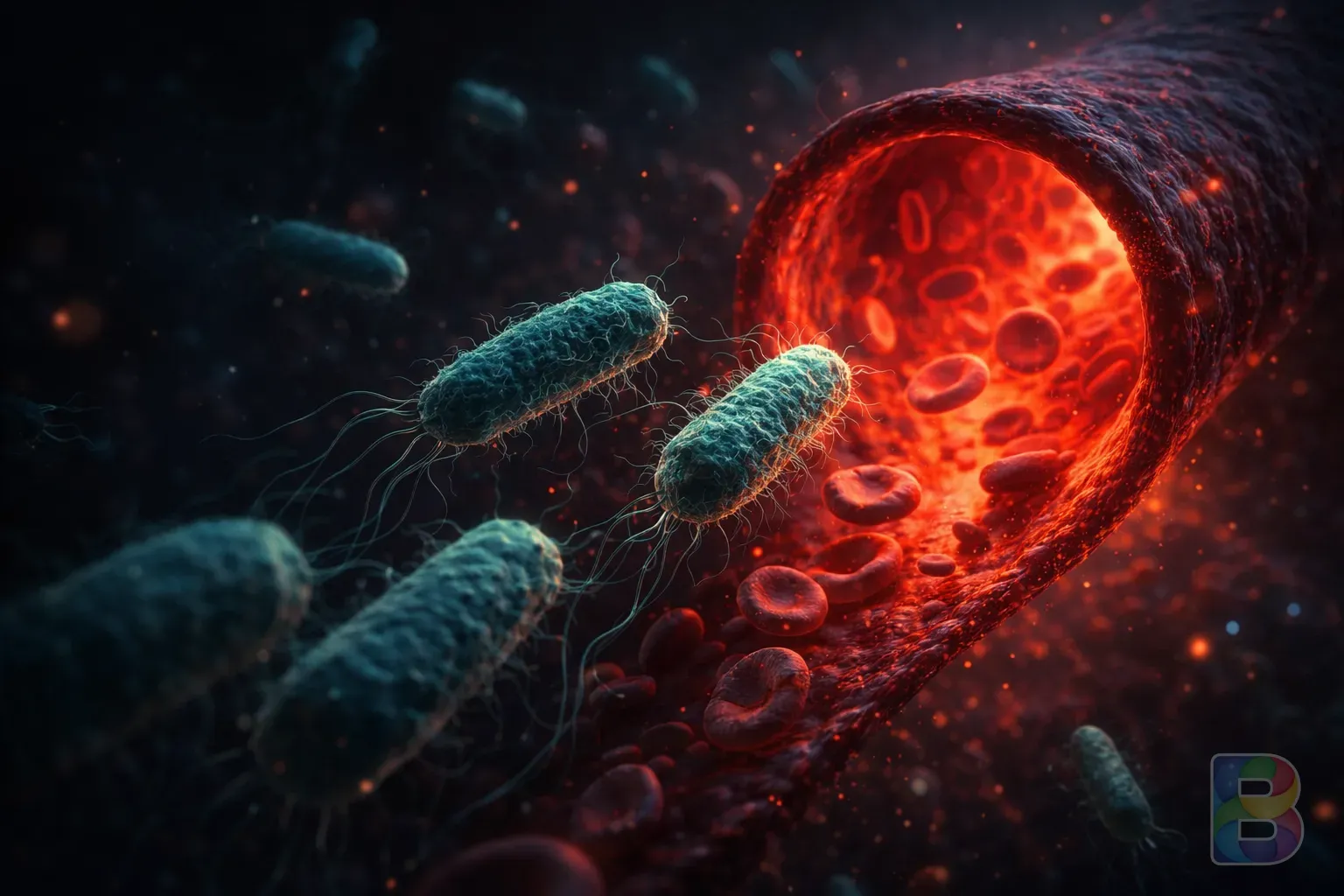 photorealistic, conceptual 3D medical illustration of bacteria entering a glowing red bloodstream, dark background, microscopic detail, cinematic lighting