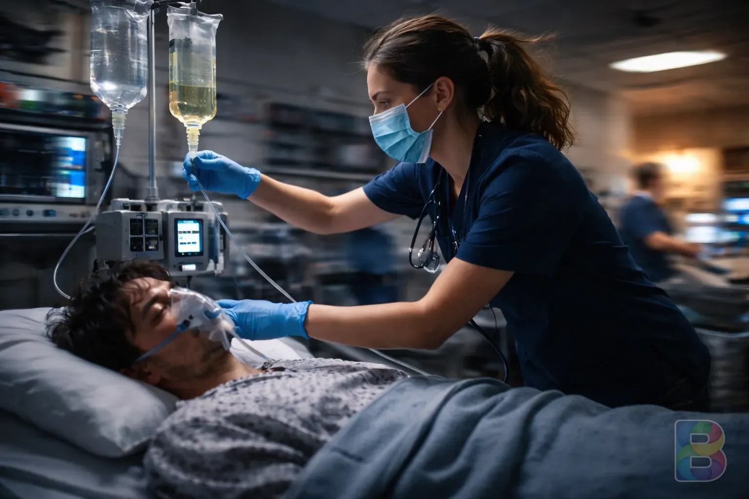 photorealistic, a nurse quickly administering IV fluids and antibiotics to a patient in an ER, high-speed movement blur, professional medical environment, cinematic focus