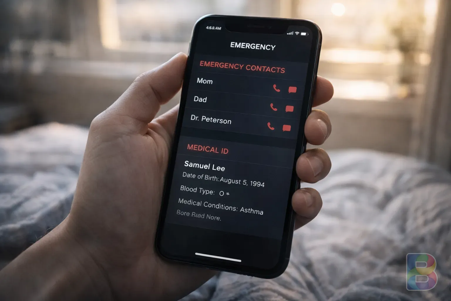 photorealistic, close-up of a hand holding a smartphone with an emergency contact list, medical ID visible, soft natural morning light