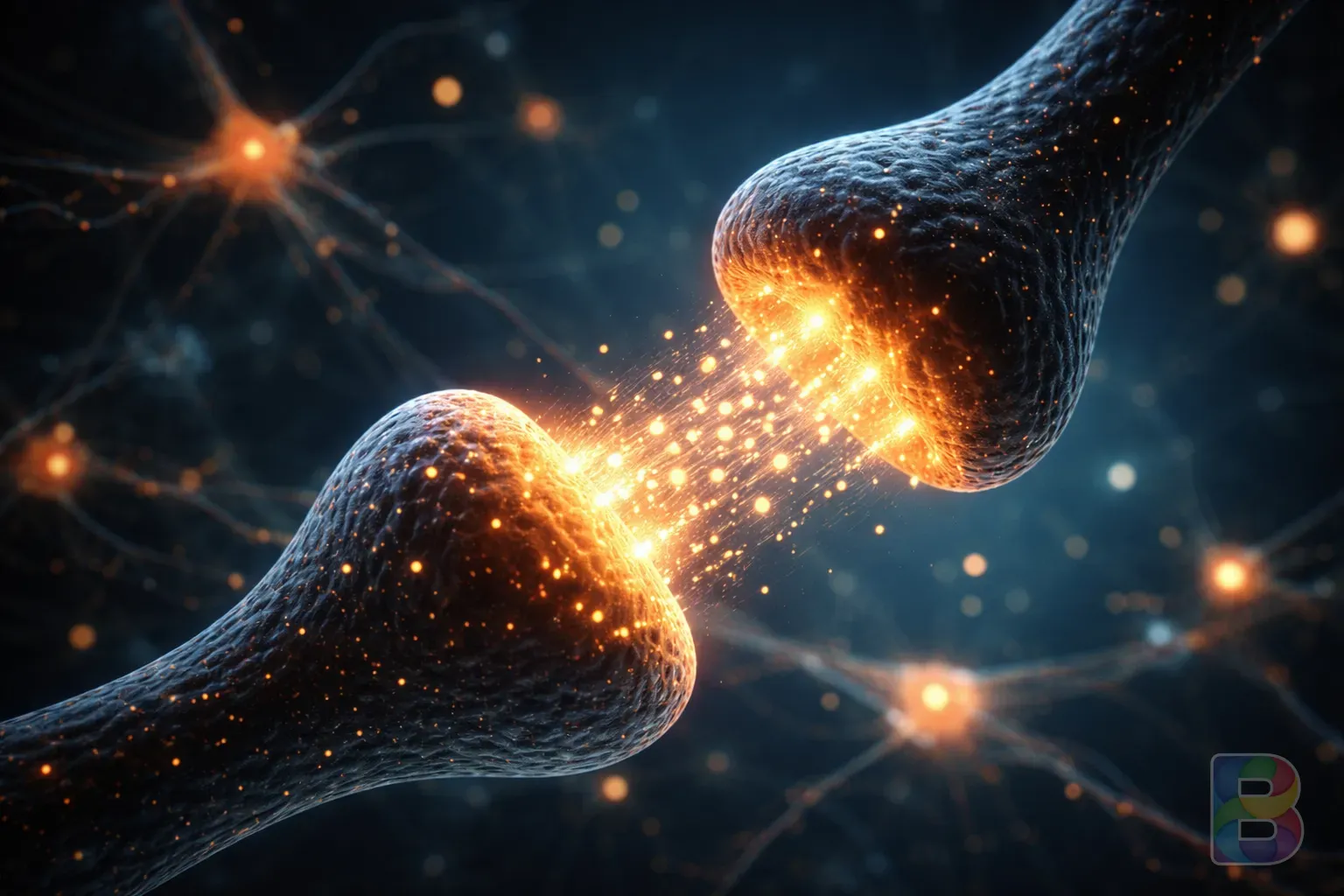 photorealistic, conceptual 3D render of neurotransmitters firing in a brain, glowing golden particles, deep blue background, cinematic lighting, scientific but artistic