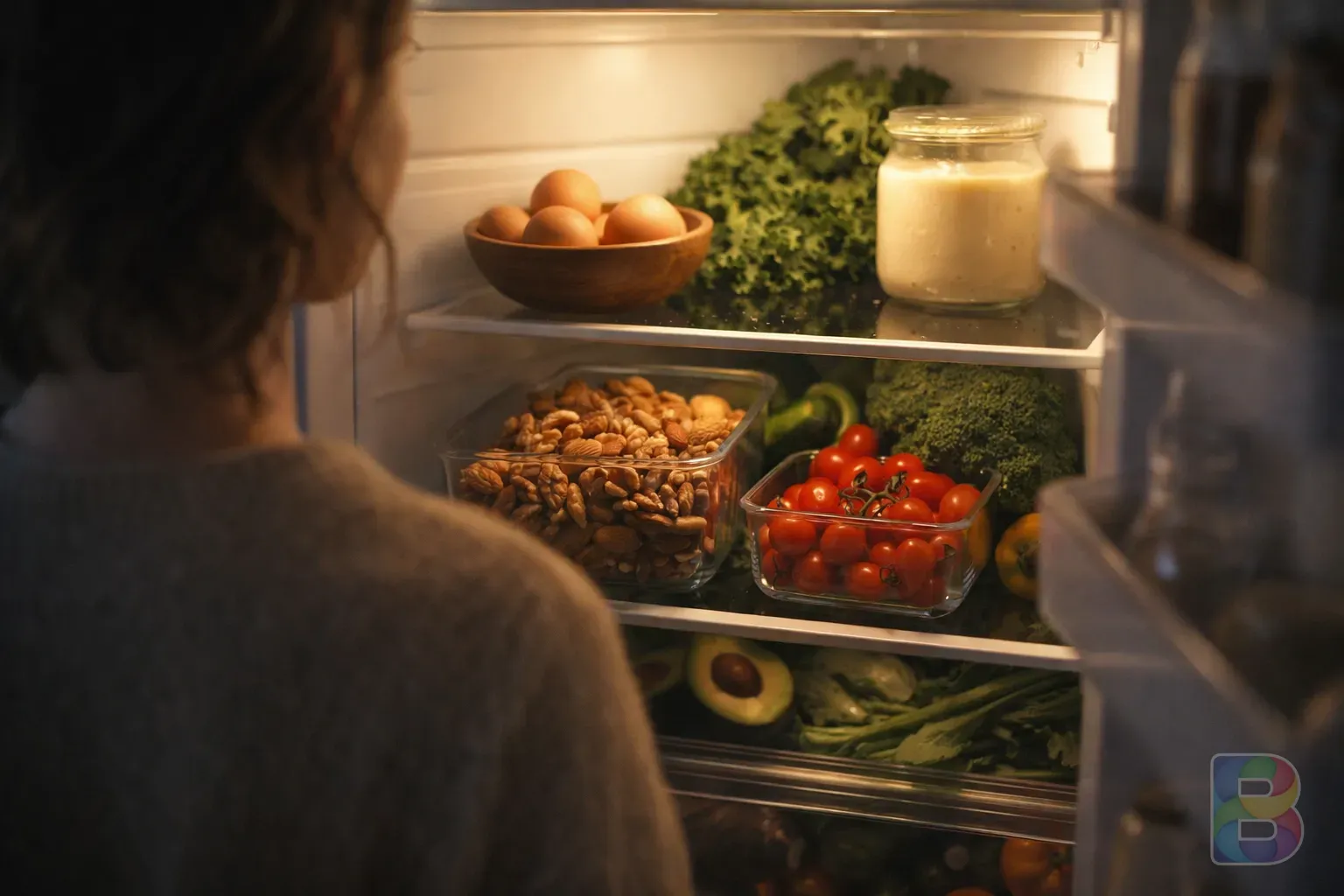 photorealistic, a person looking at a fridge with healthy ingredients like eggs and nuts, soft kitchen lighting, high detail, realistic lifestyle scene