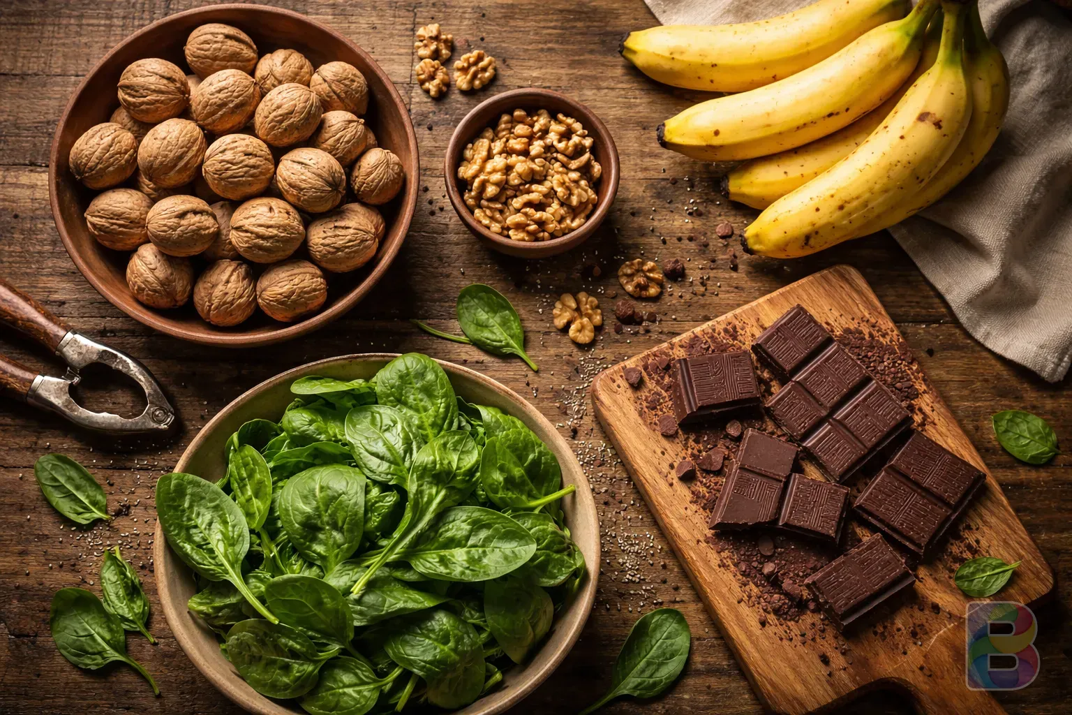photorealistic, top down view of a wooden table with walnuts, bananas, dark chocolate, and spinach, vibrant natural colors, cinematic food photography