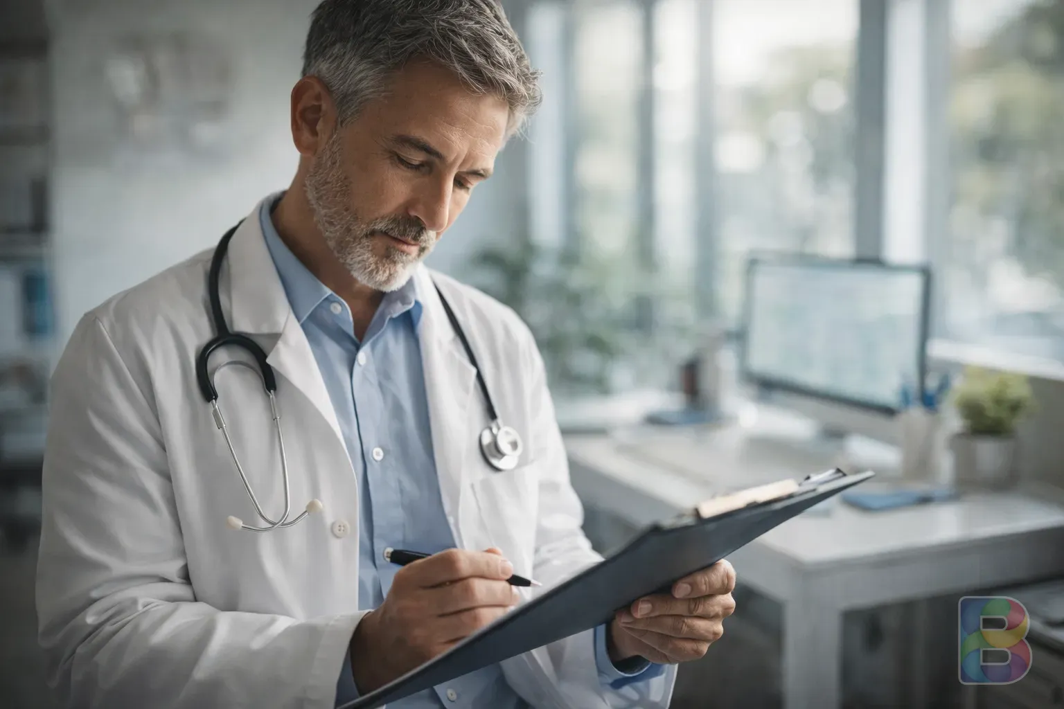 photorealistic, a doctor looking at a patient's chart in a modern bright office, professional and caring atmosphere, shallow depth of field, high detail