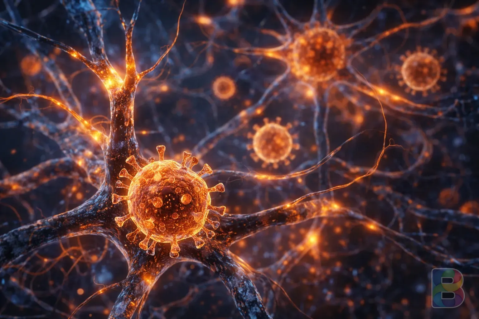 photorealistic, microscopic view of a virus reactivating in nerve cells, glowing orange and blue tones, cinematic lighting, scientific but artistic visualization