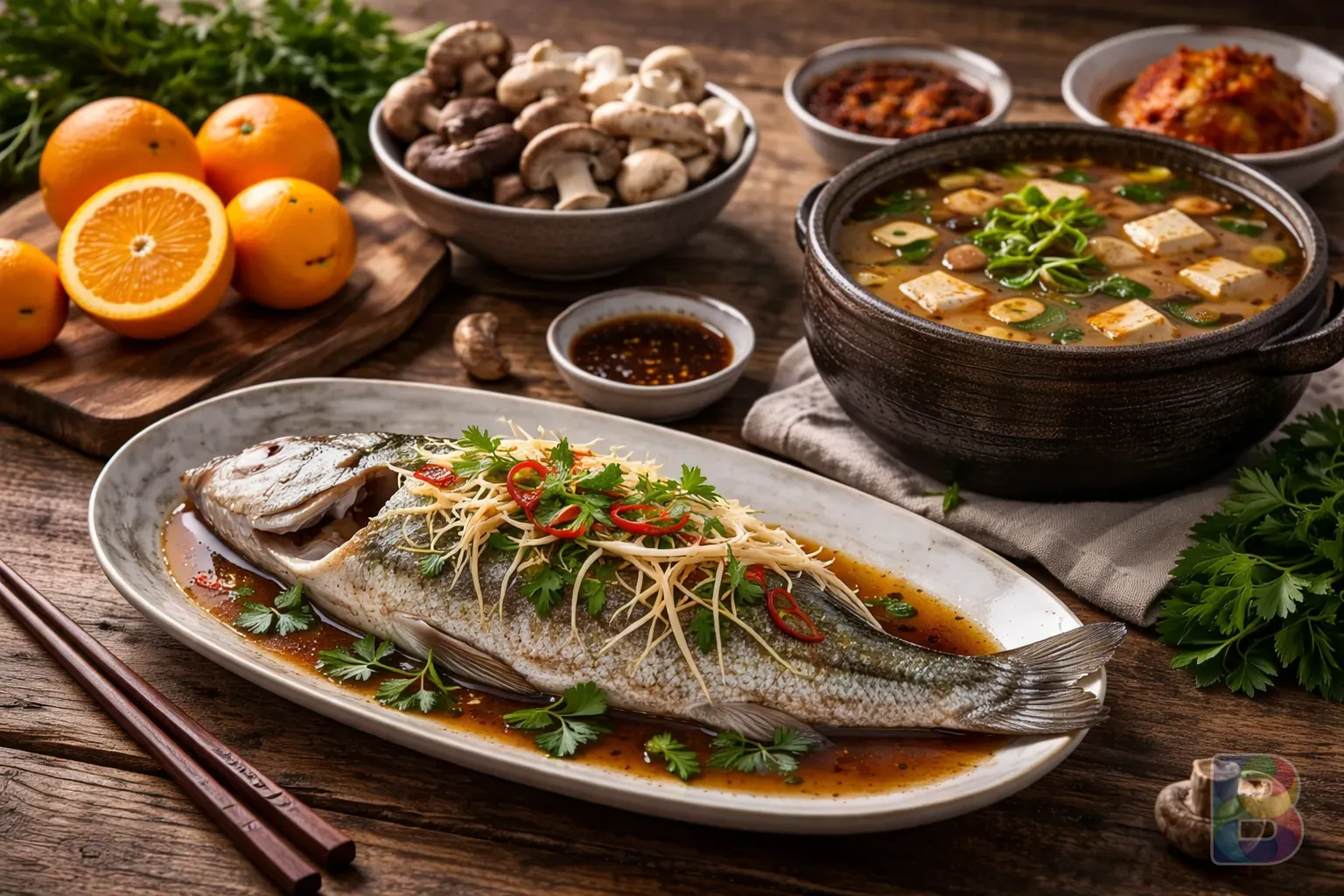 photorealistic, a wooden table with fresh oranges, mushrooms, steamed fish, and fermented soy soup, soft natural lighting, high detail food photography