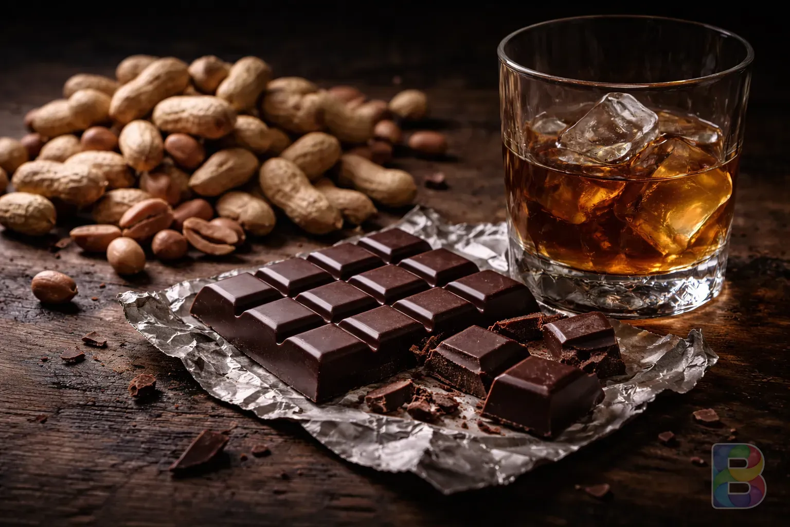 photorealistic, close-up of a dark chocolate bar and a pile of peanuts next to a glass of alcohol, moody lighting, warning atmosphere