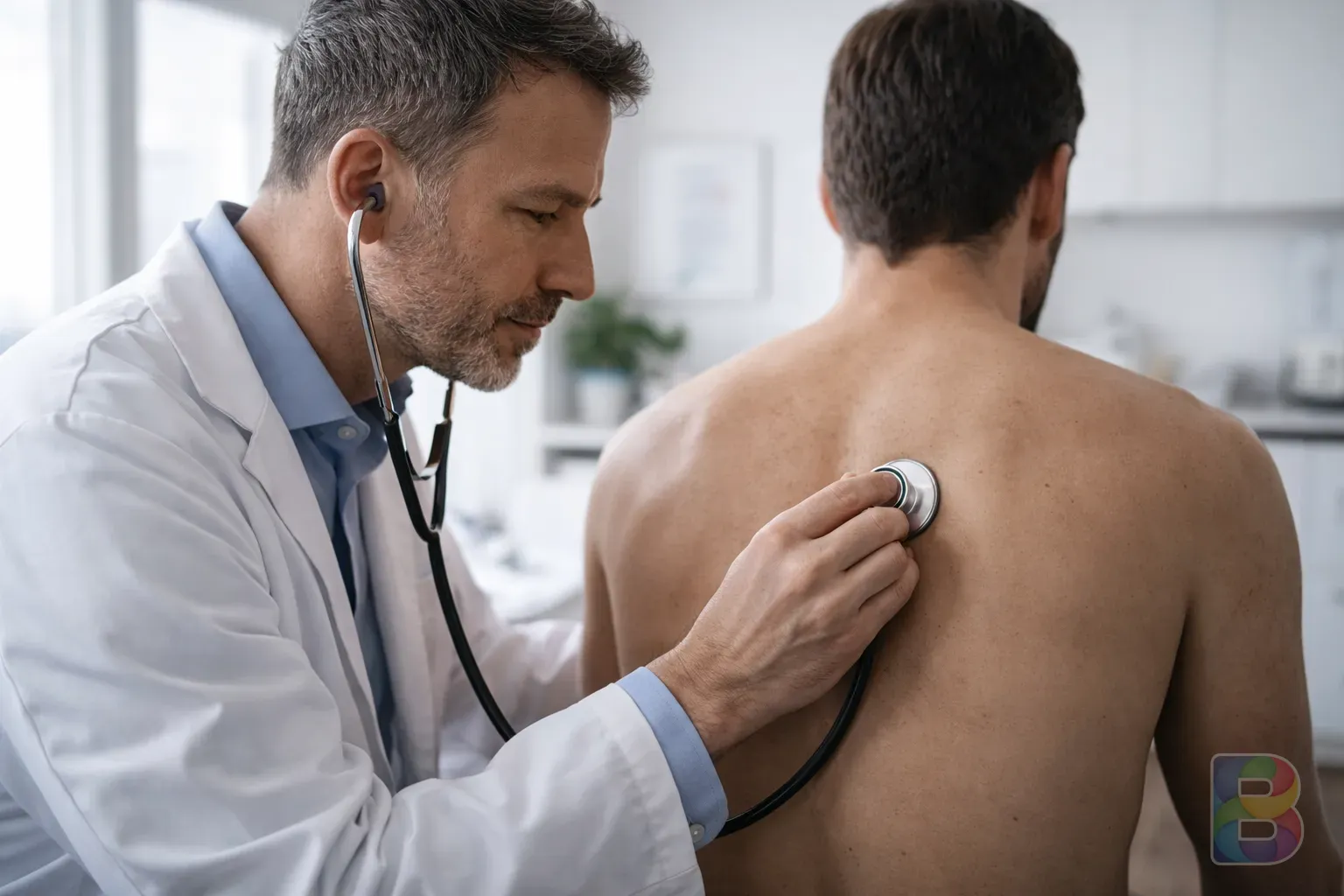 photorealistic, a doctor looking at a patient's back with a stethoscope, bright modern clinic, professional and reassuring environment