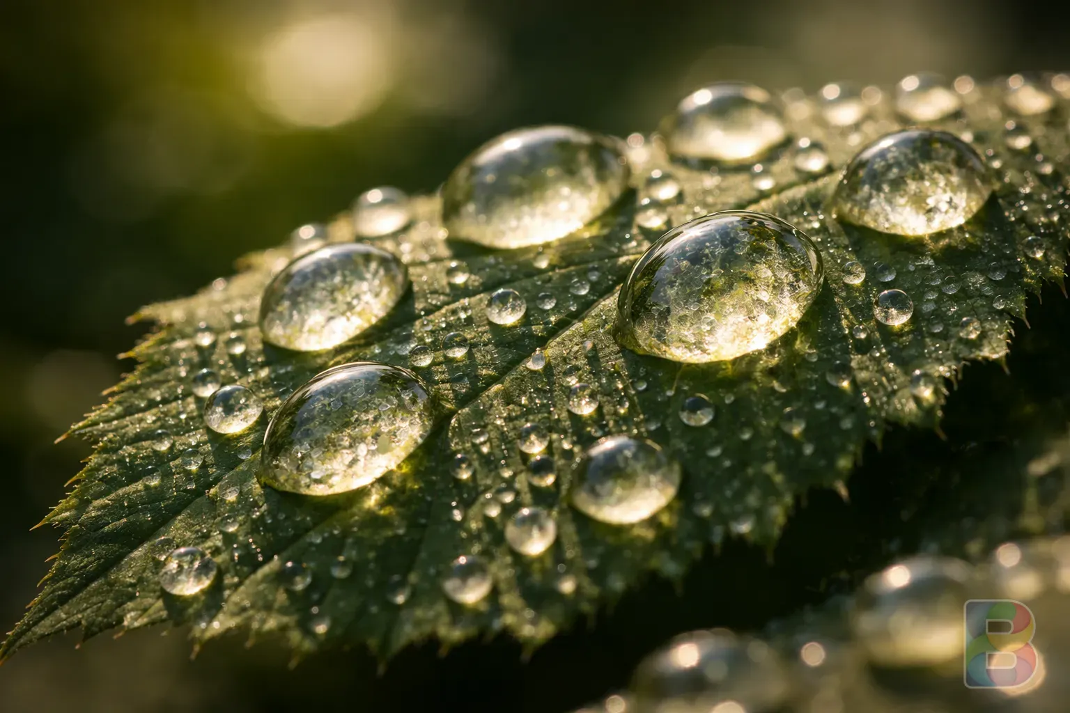photorealistic, detail shot of water droplets on a leaf resembling blisters, macro photography, soft morning light, cinematic mood