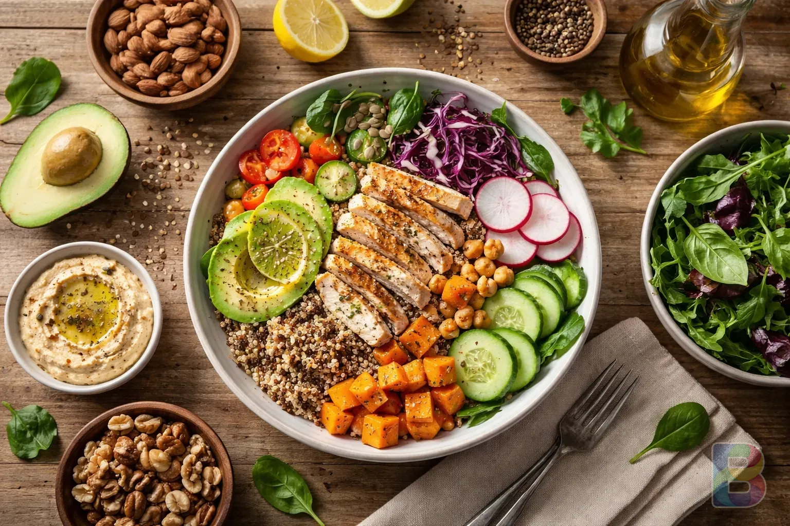 photorealistic, a healthy meal with colorful vegetables and nuts on a wooden table, top-down view, natural soft light, clean and organic vibe