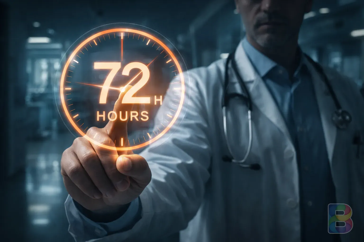 photorealistic, a doctor pointing at a 72-hour clock on a digital screen, modern hospital environment, cinematic lighting, urgent but professional mood