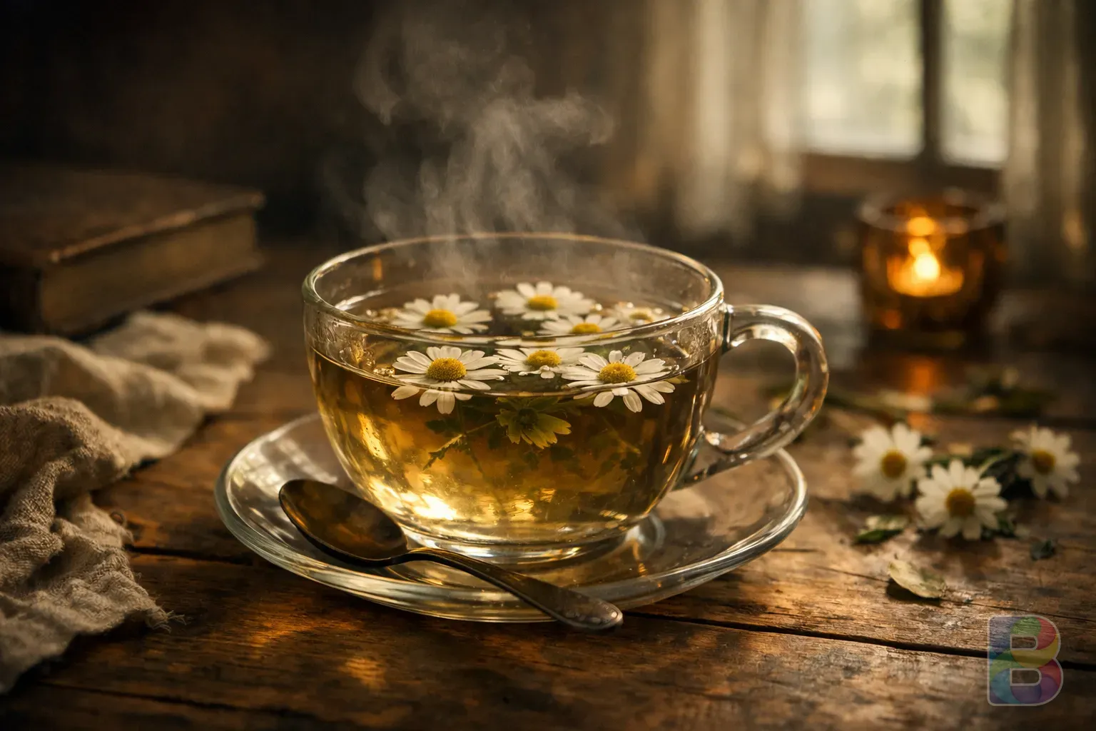 photorealistic, a steaming cup of flower tea with 구절초 flowers floating inside, cozy wooden table, soft window light, cinematic lighting