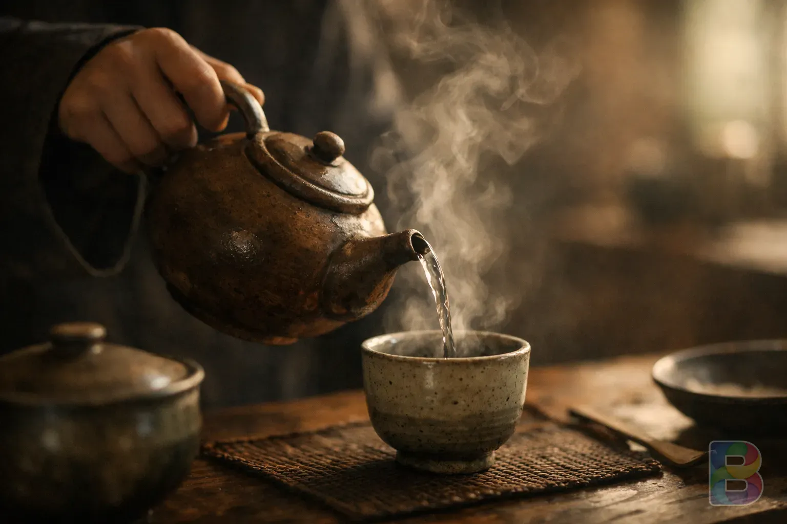photorealistic, a person pouring hot water from a clay teapot into a ceramic cup, steam rising, serene atmosphere, soft focused background