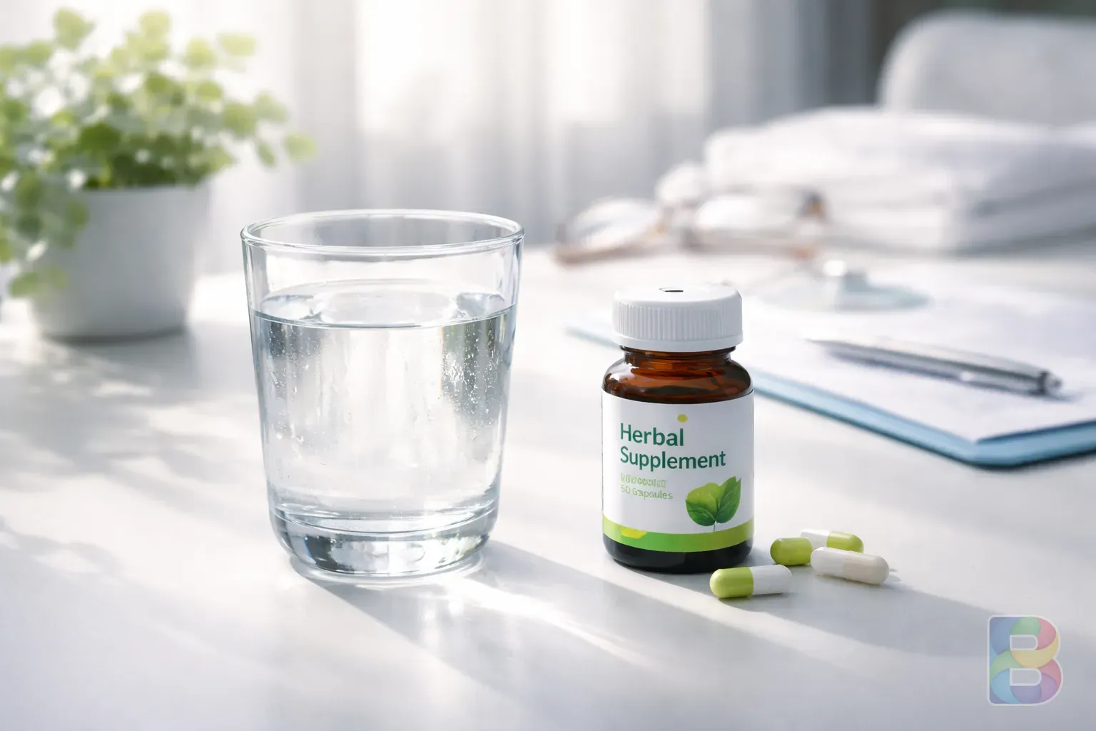 photorealistic, a glass of water and a small herbal pill bottle on a clean white surface, medical vibe, bright lighting, focus on safety
