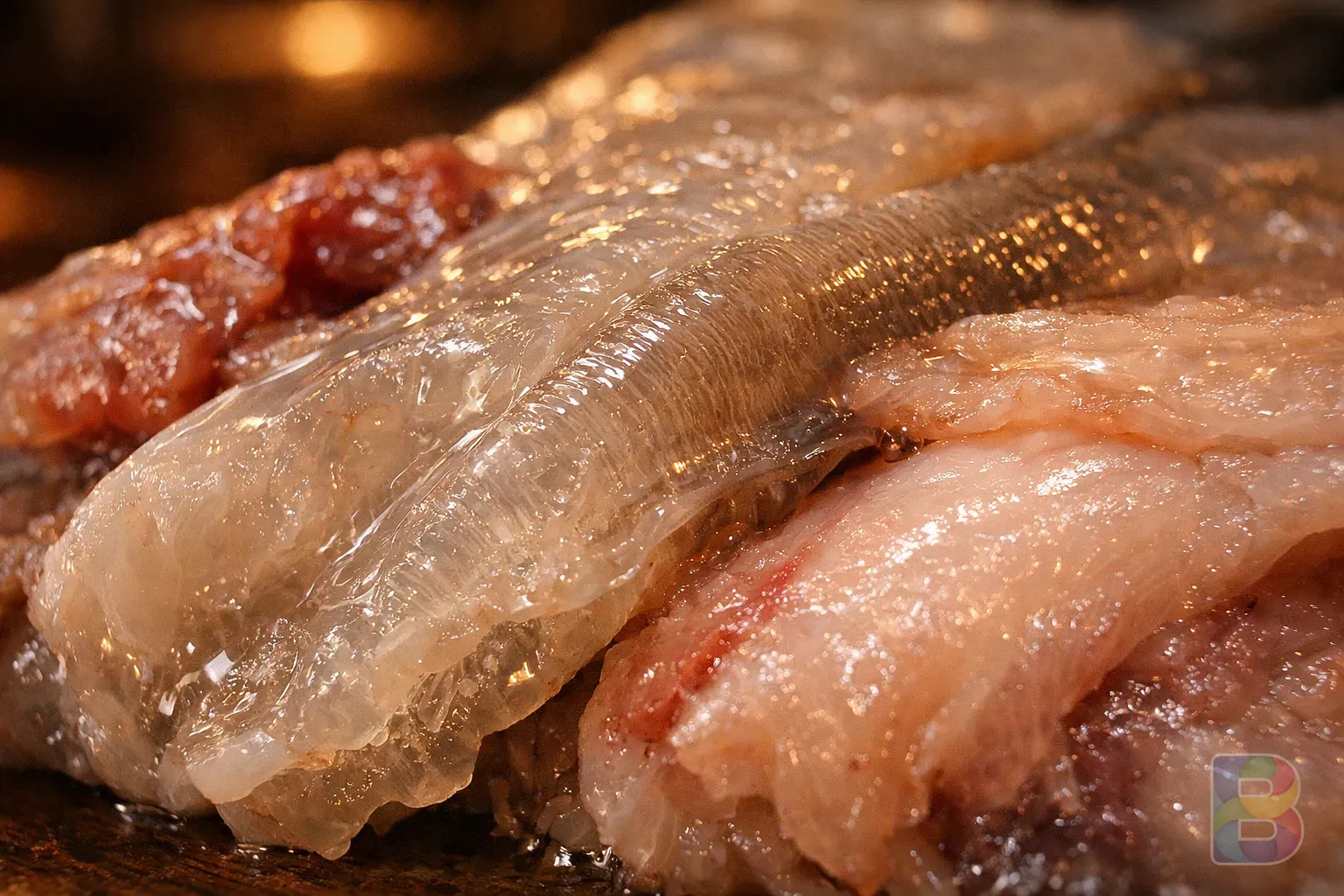 photorealistic, macro shot of fermented skate texture, showing the translucent cartilage and firm flesh, warm kitchen lighting, high detail