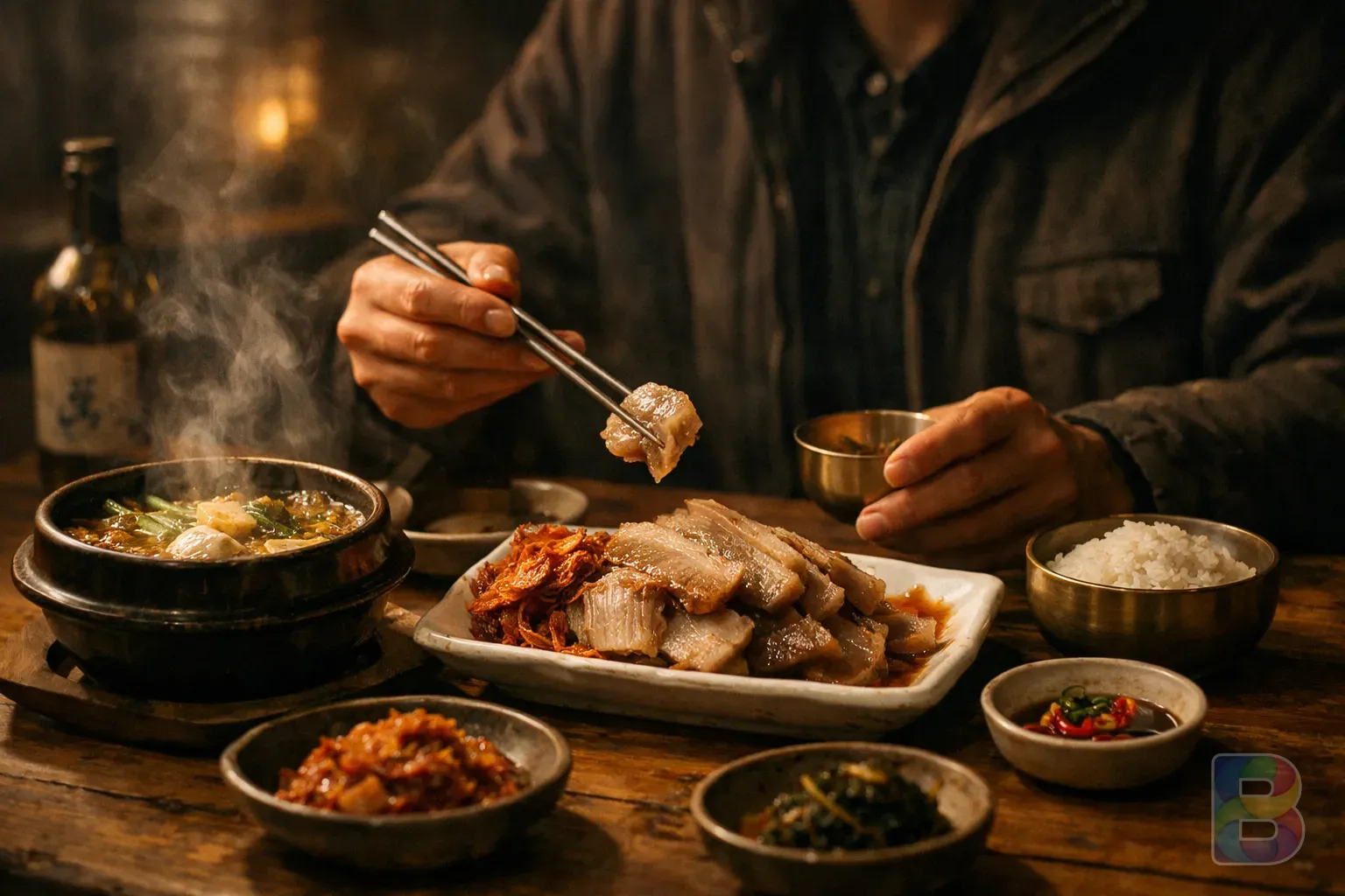 photorealistic, a person enjoying a traditional Korean meal with fermented skate, steam rising from a soup nearby, cozy atmosphere, cinematic lighting