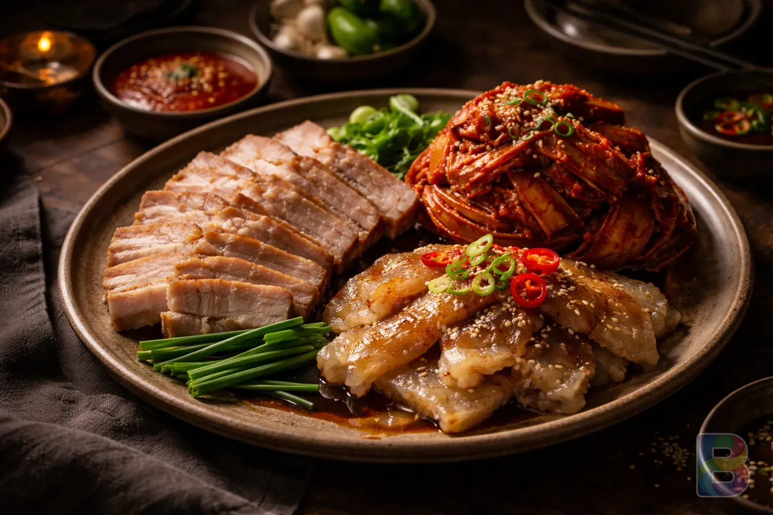 photorealistic, a traditional Korean 'Samhap' platter with pork belly, fermented skate, and aged kimchi, soft moody lighting, high contrast