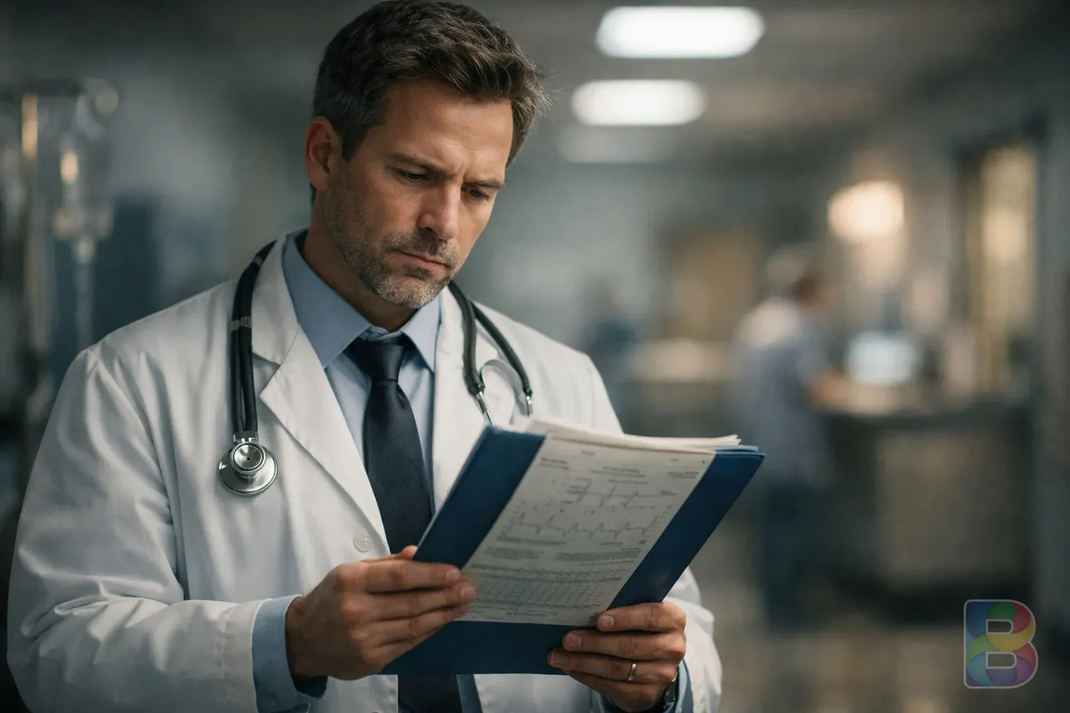 photorealistic, doctor holding a medical chart looking concerned but professional, hospital environment, soft lighting, focus on the chart