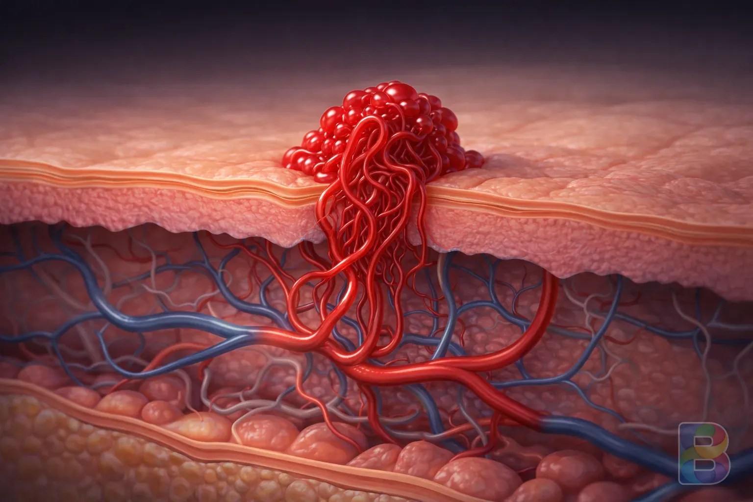 photorealistic, scientific illustration of skin layers showing abnormal blood vessel growth, microscopic view, clean medical background, cinematic lighting