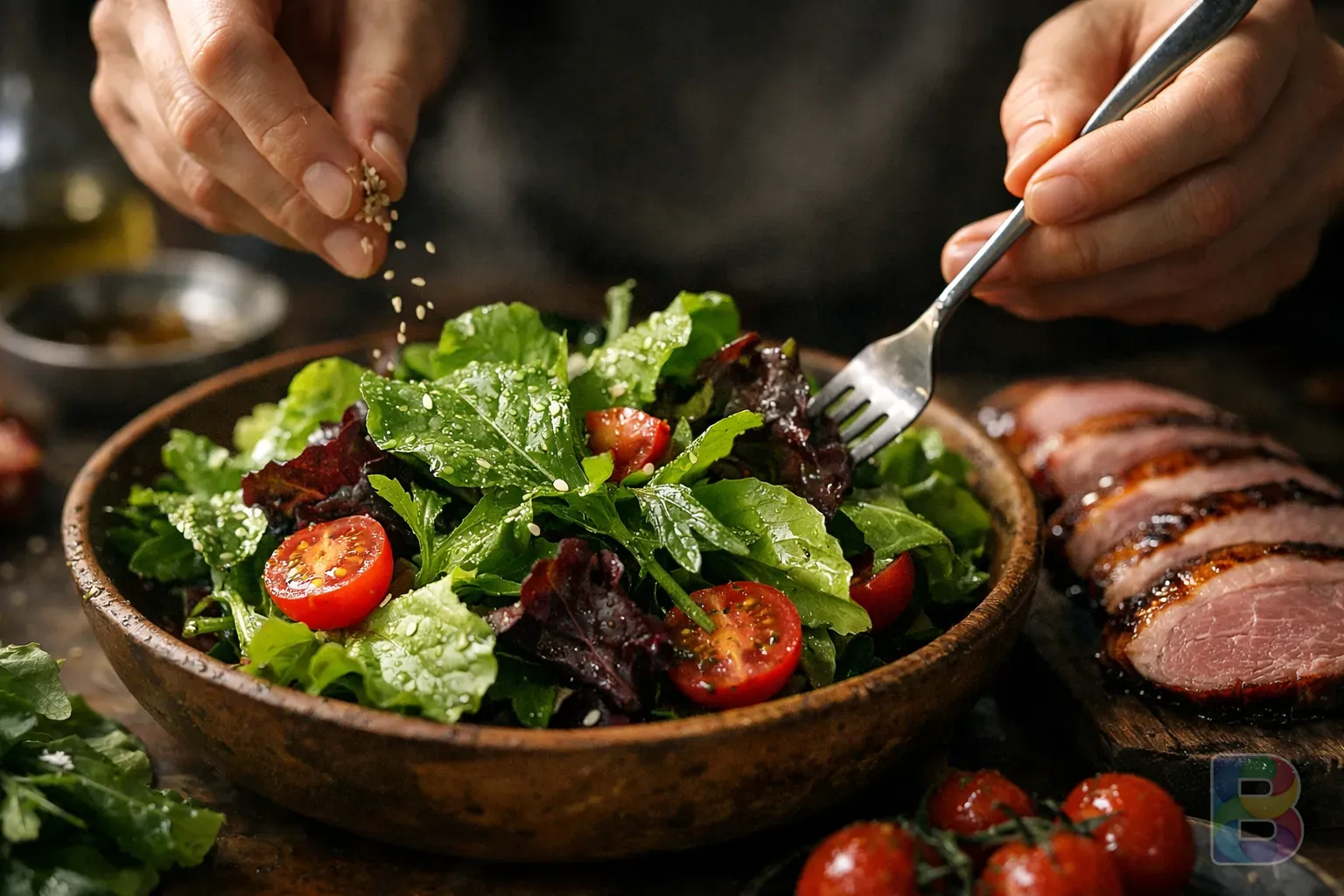 photorealistic, hands preparing fresh salad to go with smoked duck, water droplets on greens, close-up, sharp focus, natural lighting